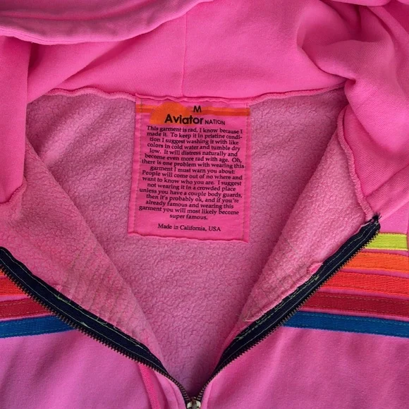 Aviator Nation - 5 STRIPE Zip up HOODIE - NEON PINK Sold out online - Size M - Picture 3 of 4